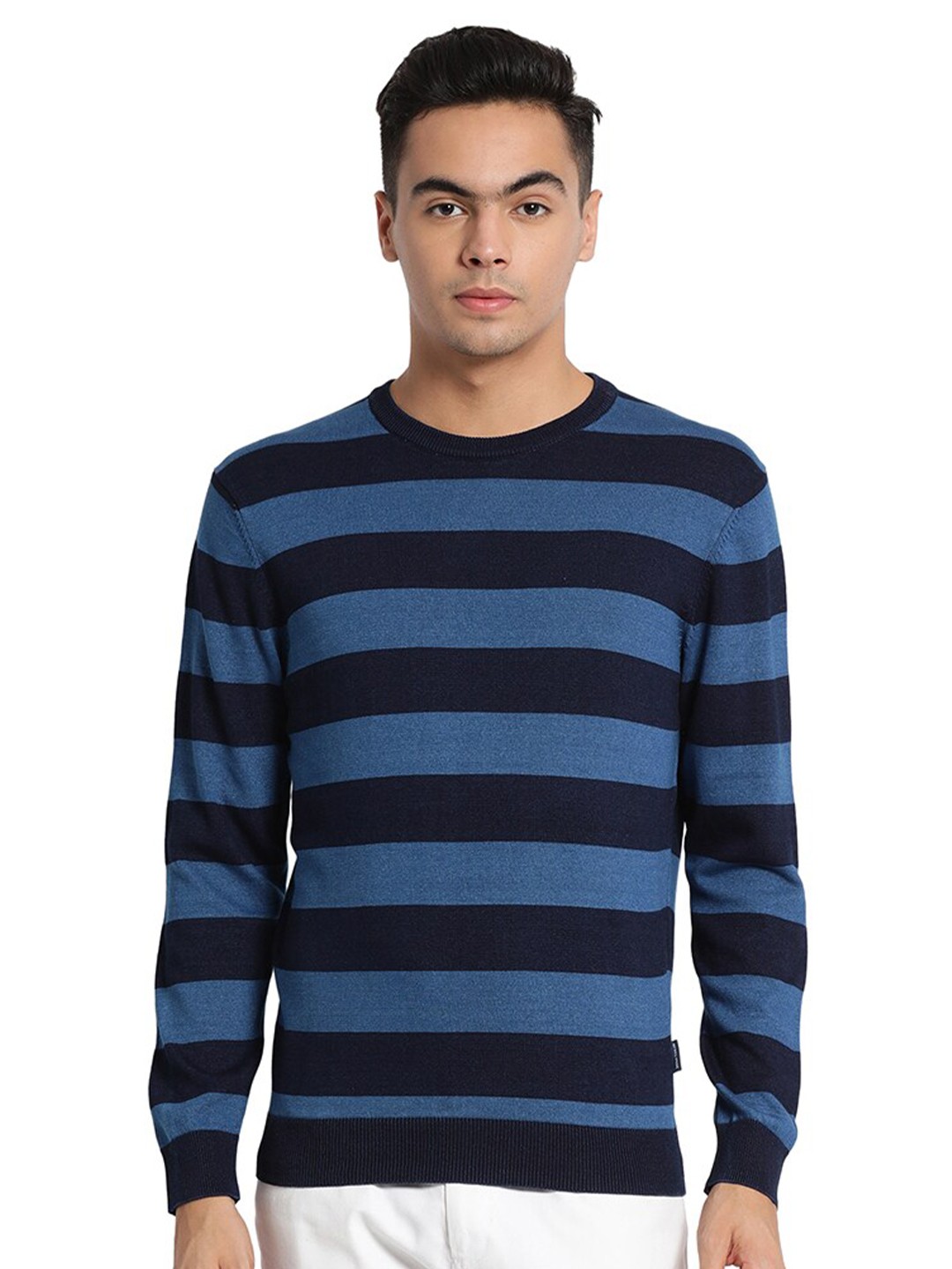 

Indian Terrain Round Neck Long Sleeves Cotton Striped Pullover Sweater, Navy blue