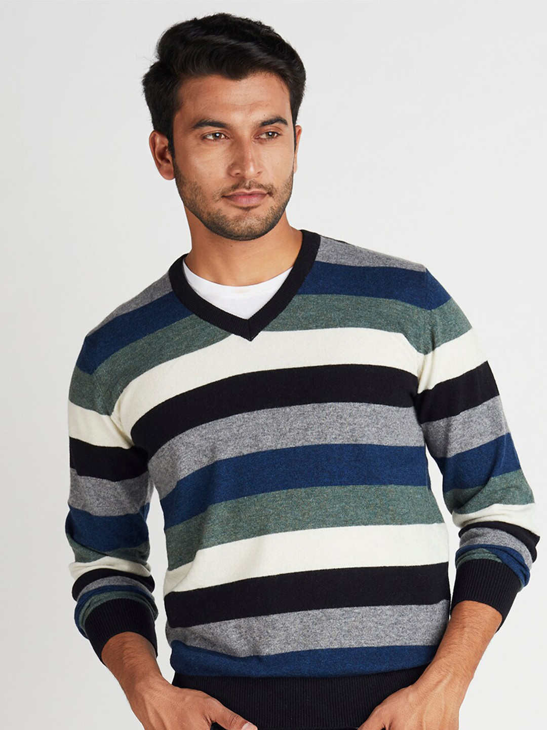 

Indian Terrain V Neck Long Sleeves Striped Woollen Pullover, Brown