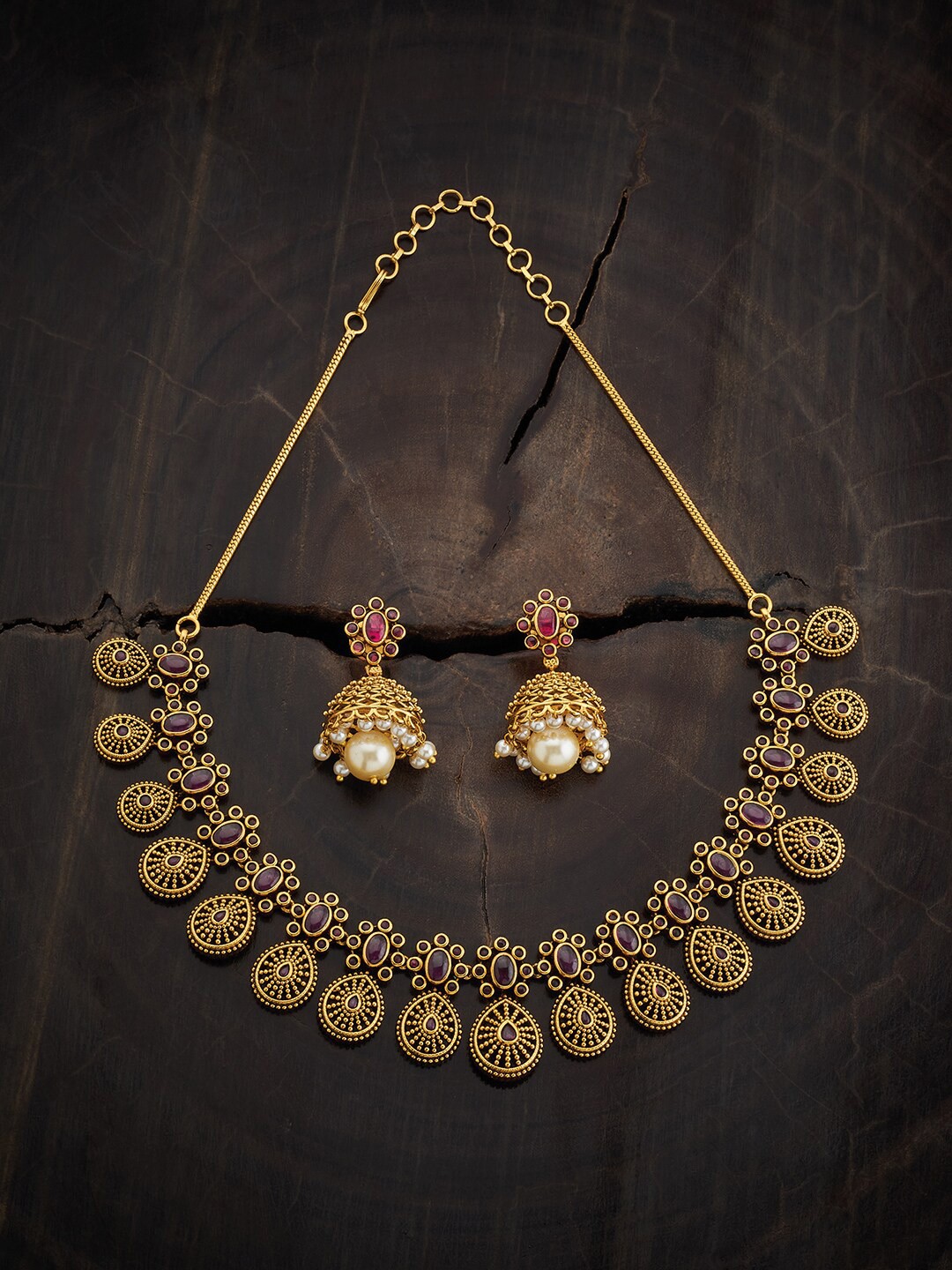 Kushal's Fashion Jewellery Gold-plated Stone studded Necklace & Earrings, Red