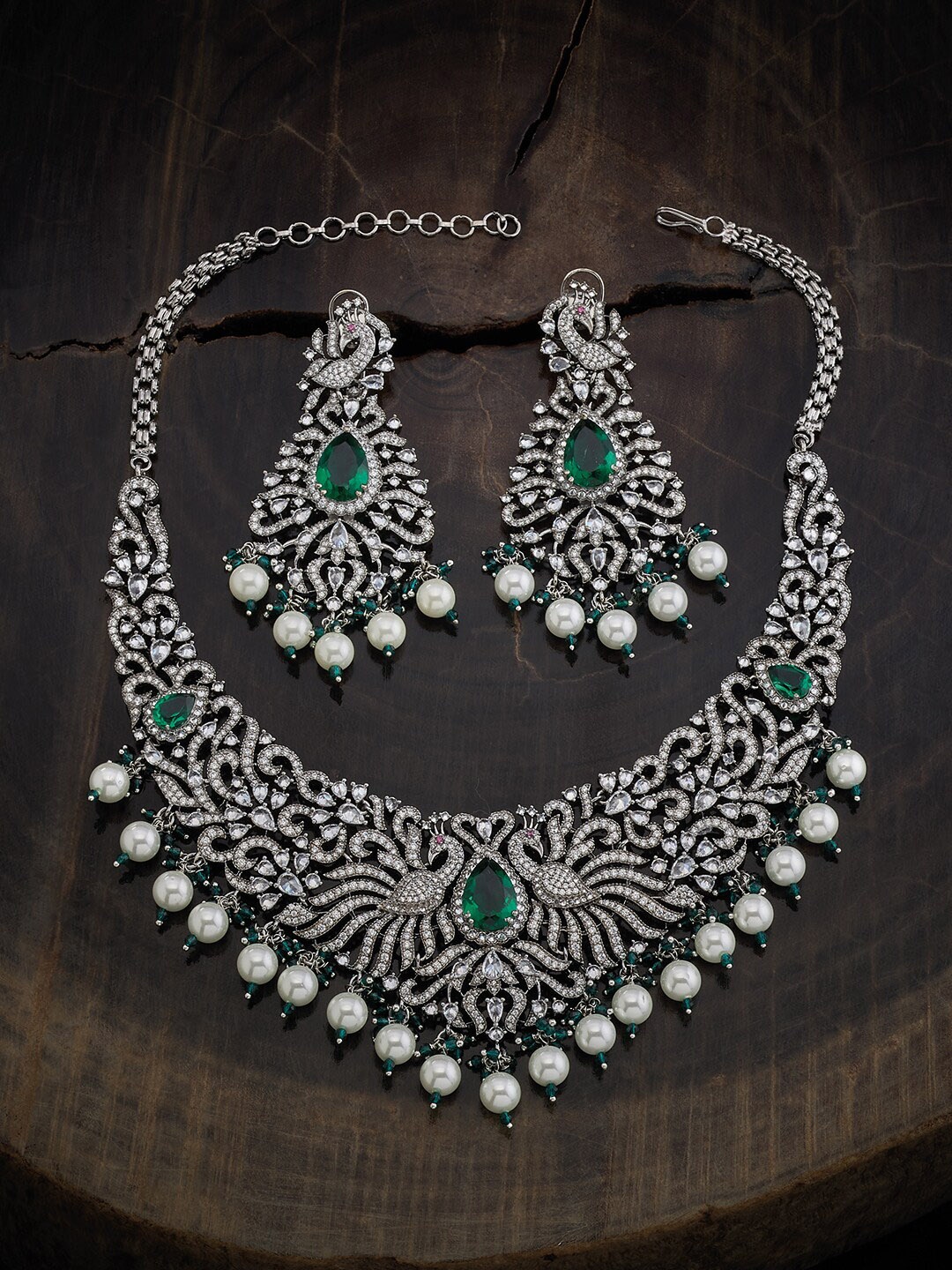 

Kushal's Fashion Jewellery Rhodium-Plated Cubic Zirconia Studded Necklace & Earrings, Green