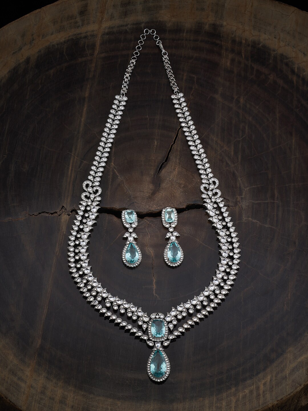 

Kushal's Fashion Jewellery Rhodium Plated CZ Studded Necklace & Earrings, Silver