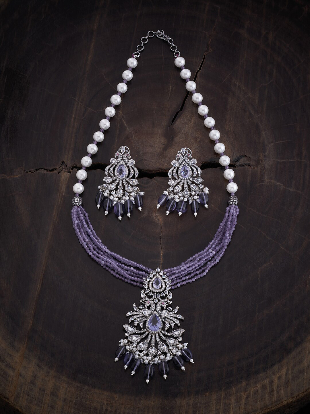 

Kushal's Fashion Jewellery Rhodium Plated Zircon-Studded & Beaded Jewellery Set, Silver