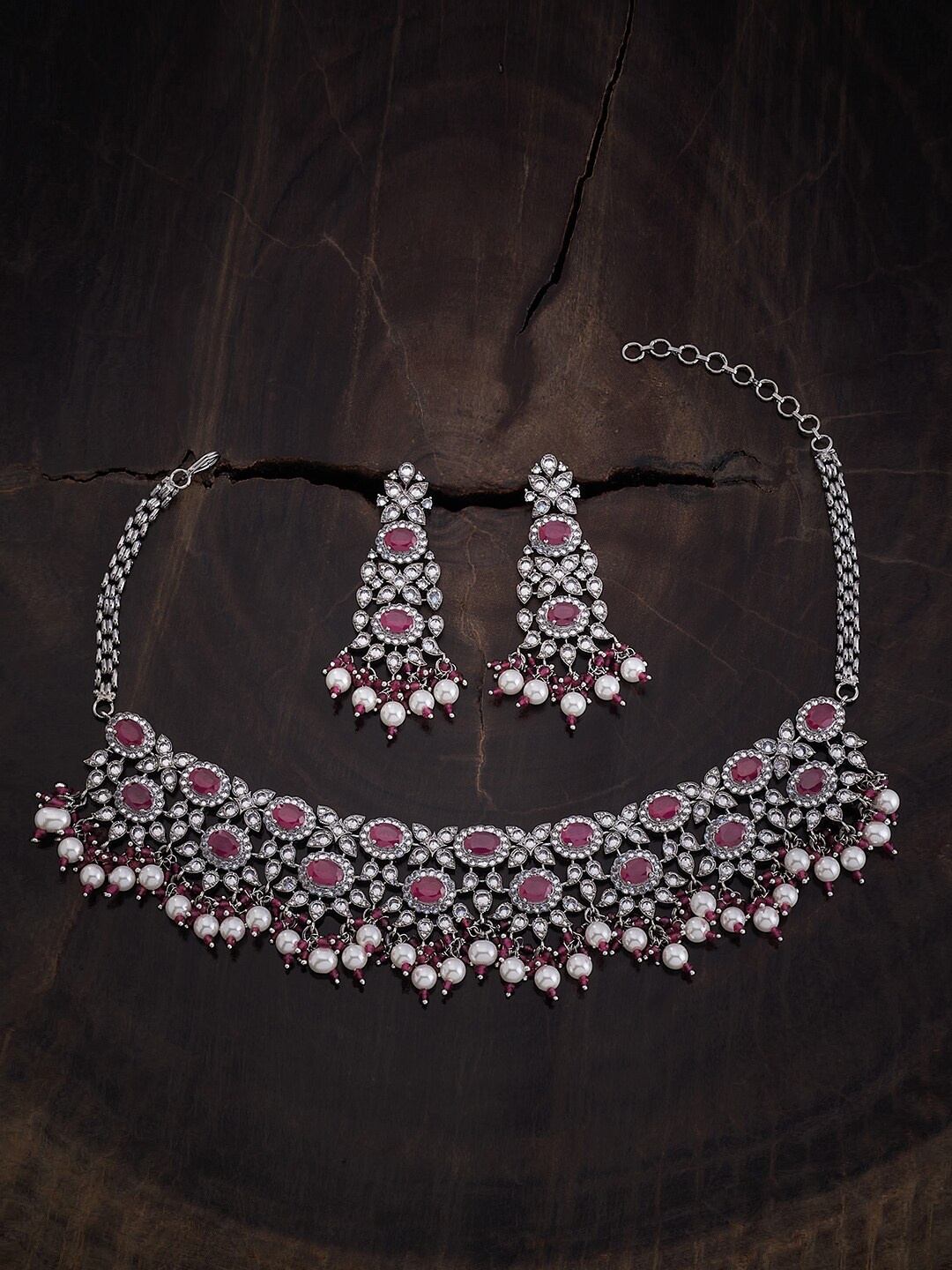 

Kushal's Fashion Jewellery Rhodium-Plated Zircon-Studded Jewellery Set, Silver