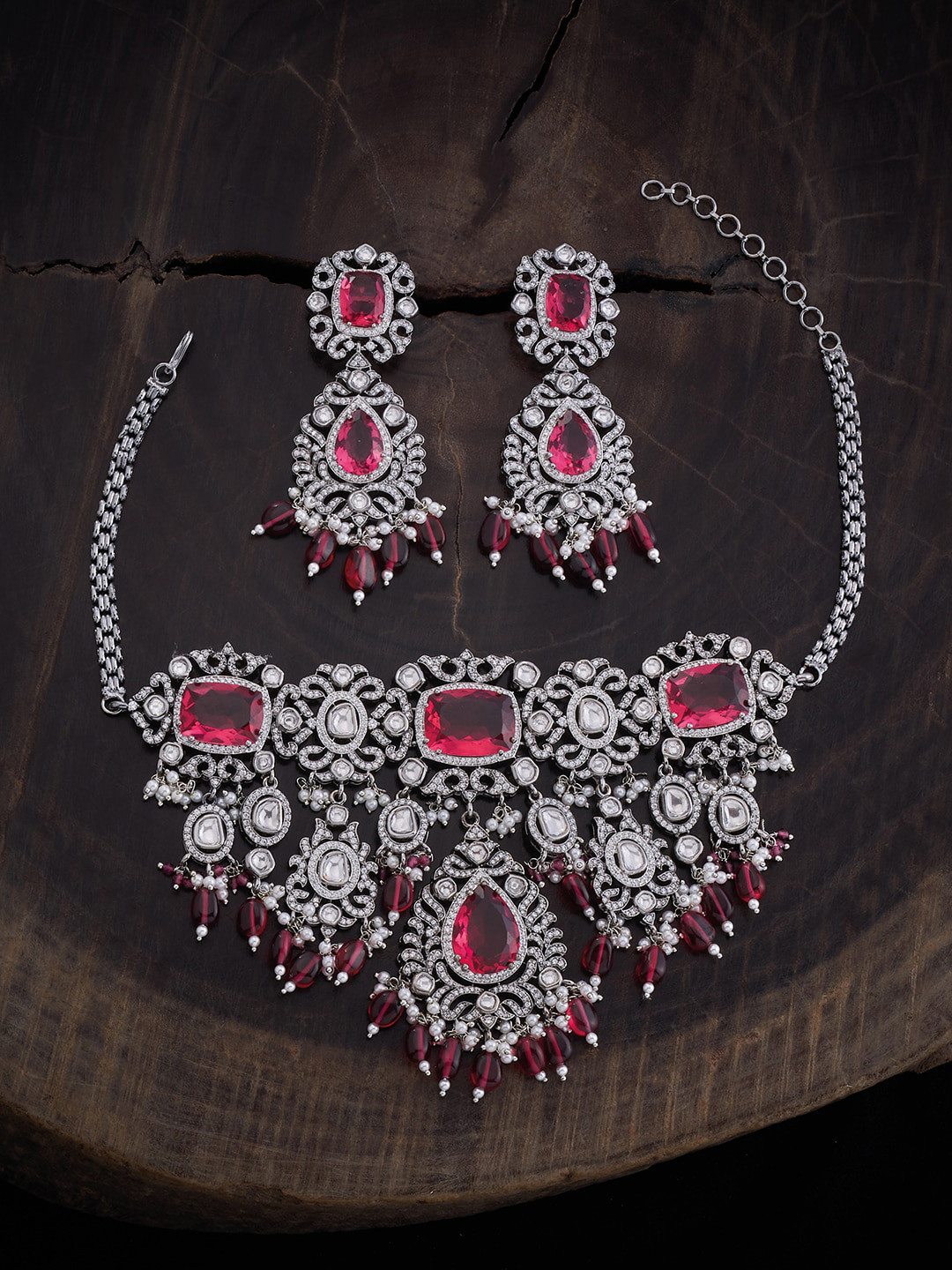 

Kushal's Fashion Jewellery Rhodium Plated CZ Studded & Beaded Choker & Earrings, Silver