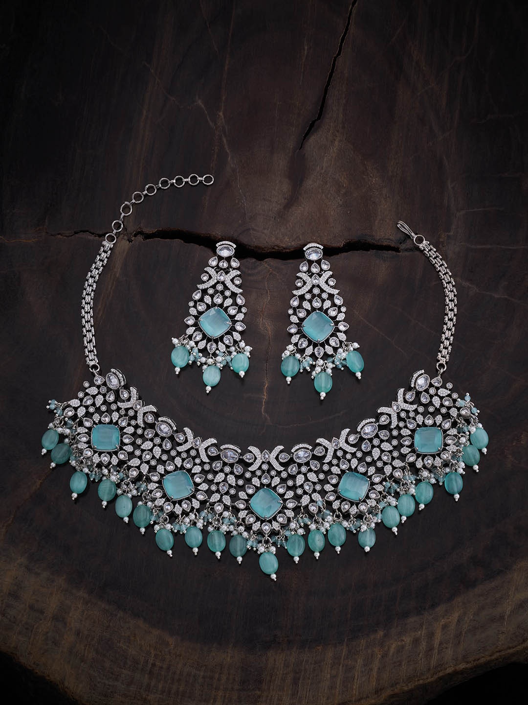 

Kushal's Fashion Jewellery Rhodium Plated Cubic Zirconia Studded Jewellery Set, Silver