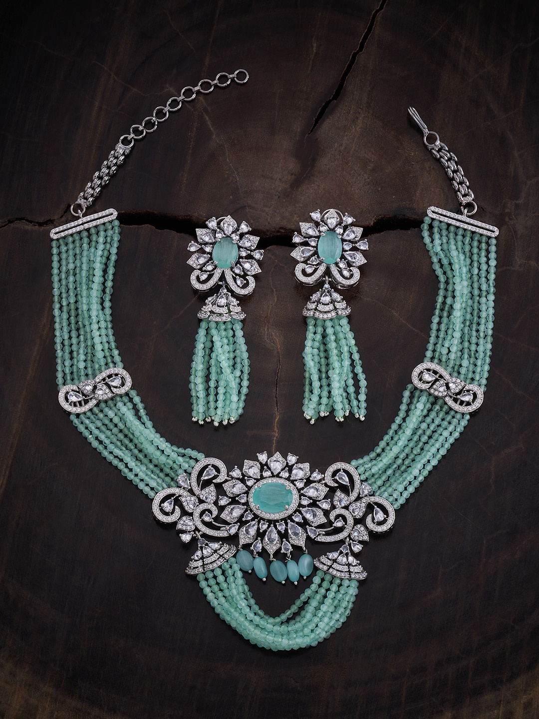 

Kushal's Fashion Jewellery Rhodium-Plated Cubic Zirconia Stone Studded Jewellery Set, Silver