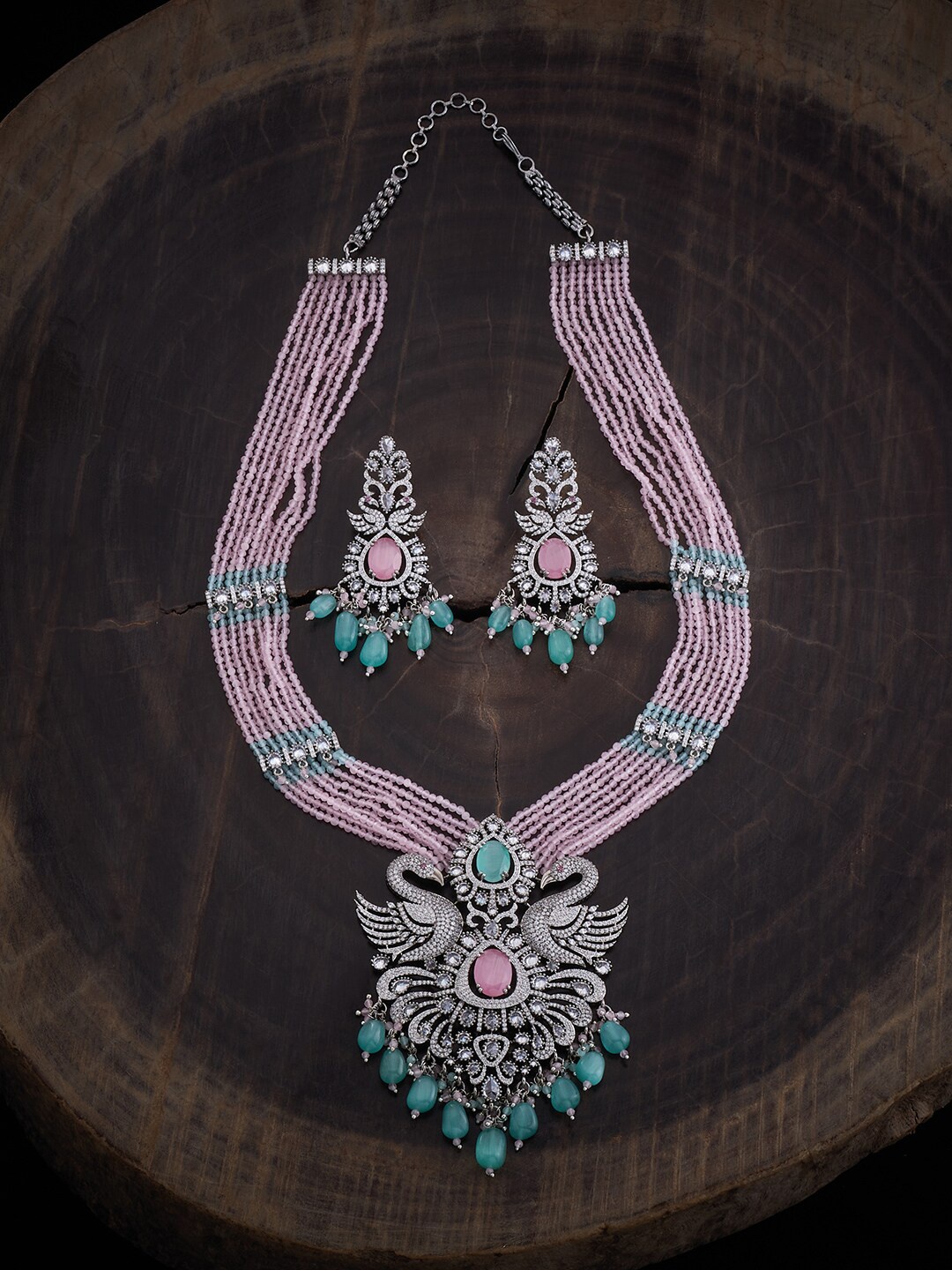 Kushal's Fashion Jewellery Rhodium Plated Zircon Studded & Beaded Jewellery Set, Silver