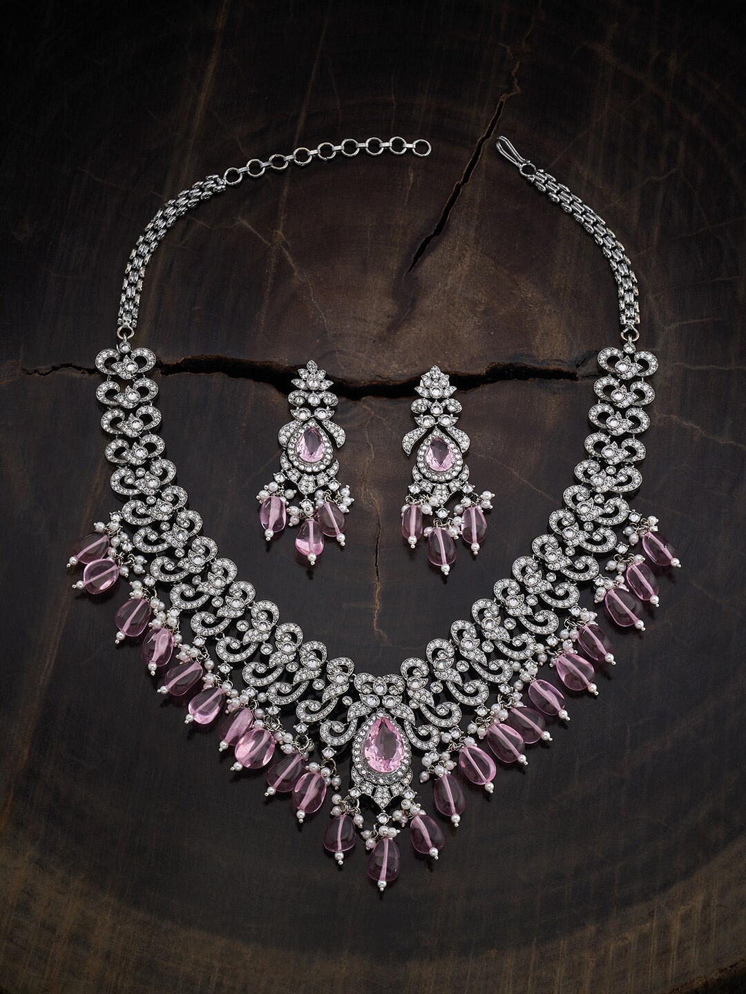 

Kushal's Fashion Jewellery Rhodium Plated Cubic Zirconia Studded Jewellery Set, Silver