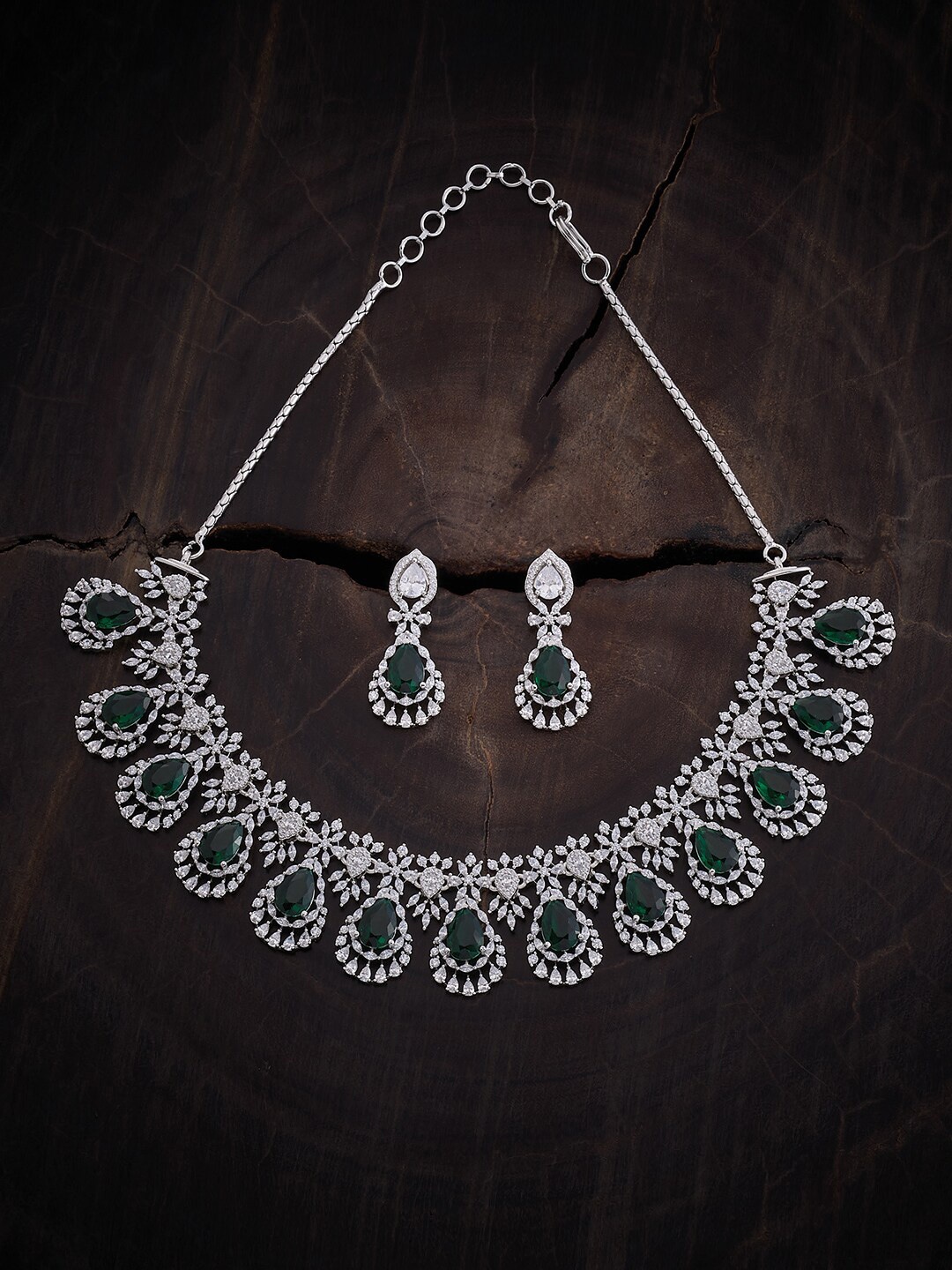 

Kushal's Fashion Jewellery Rhodium Palated CZ Studded Necklace & Earrings, Silver