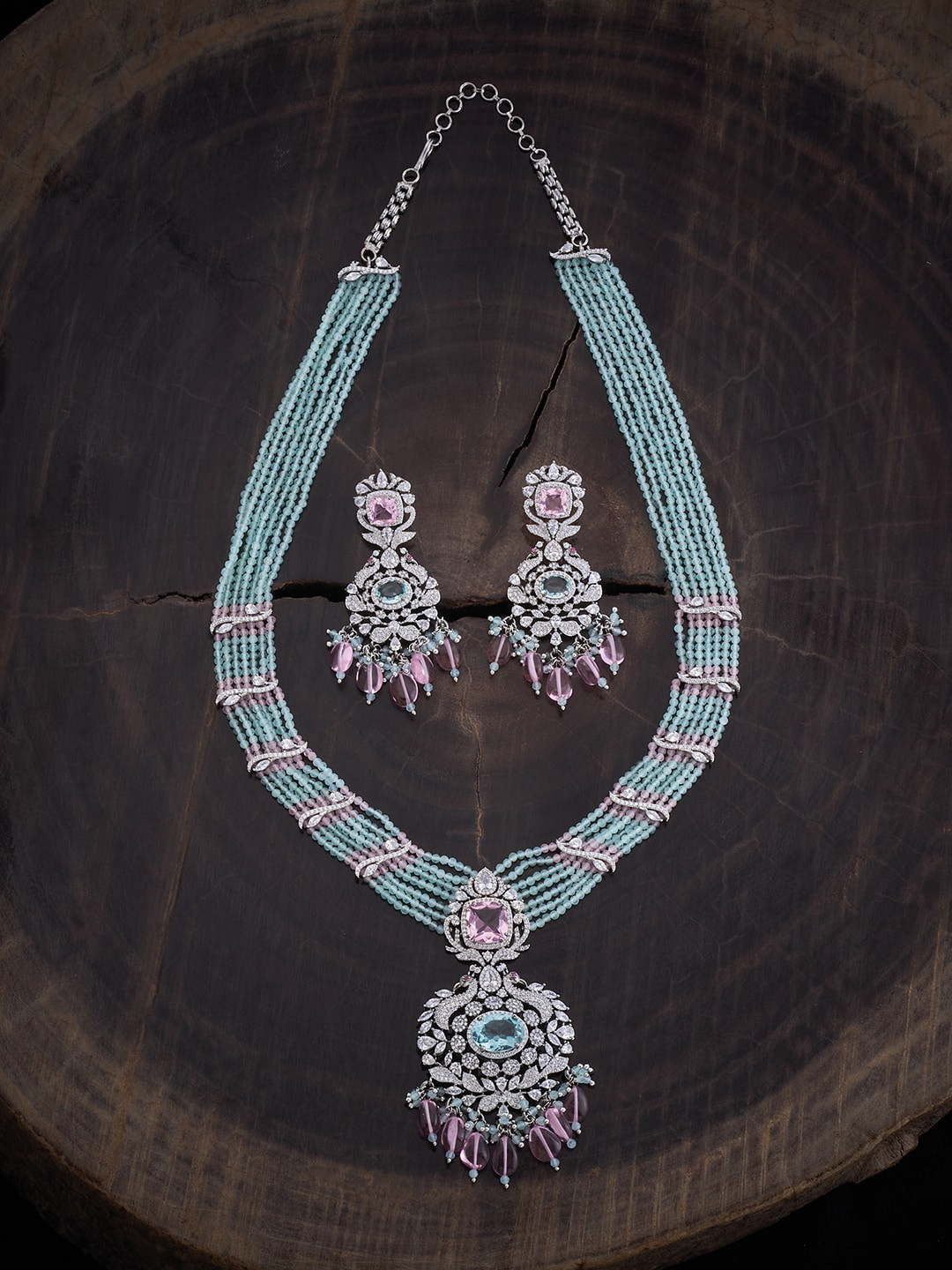 

Kushal's Fashion Jewellery Rhodium-Plated Zircon-Studded & Beaded Jewellery Set, Silver