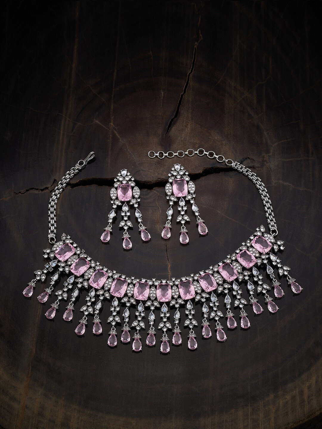 

Kushal's Fashion Jewellery Rhodium Plated CZ Studded Jewellery Set, Silver