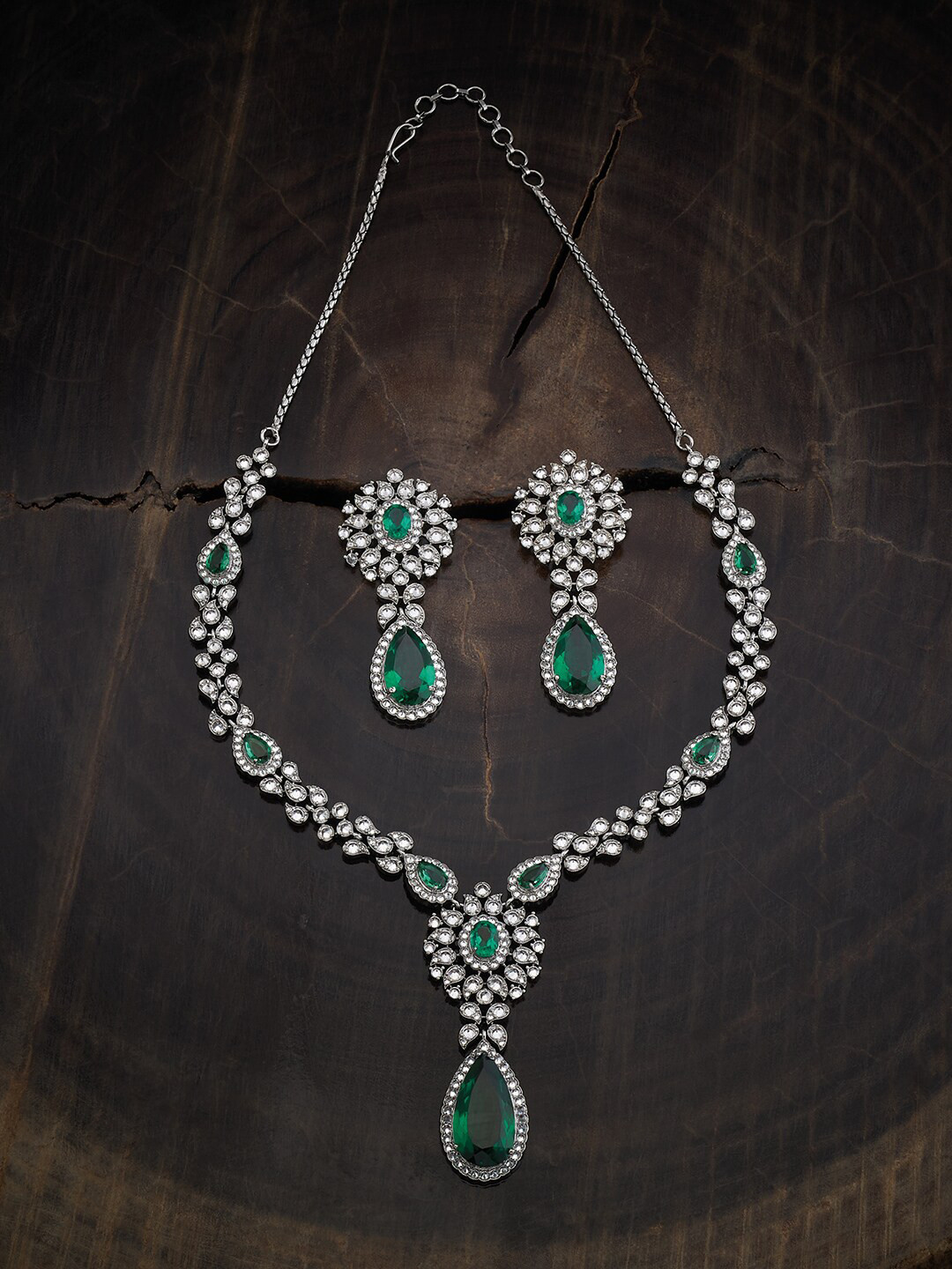

Kushal's Fashion Jewellery Rhodium-Plated Cubic Zirconia Stone Studded Necklace & Earrings, Silver