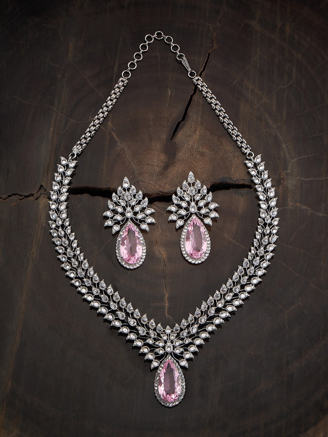 

Kushal's Fashion Jewellery Rhodium-Plated Cubic Zirconia Stone Studded Jewellery Set, Silver