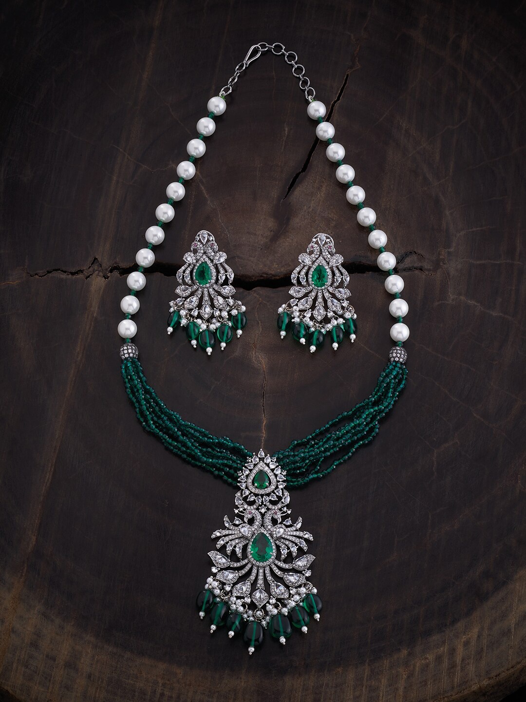 

Kushal's Fashion Jewellery Rhodium Plated Zircon-Studded & Beaded Jewellery Set, Silver