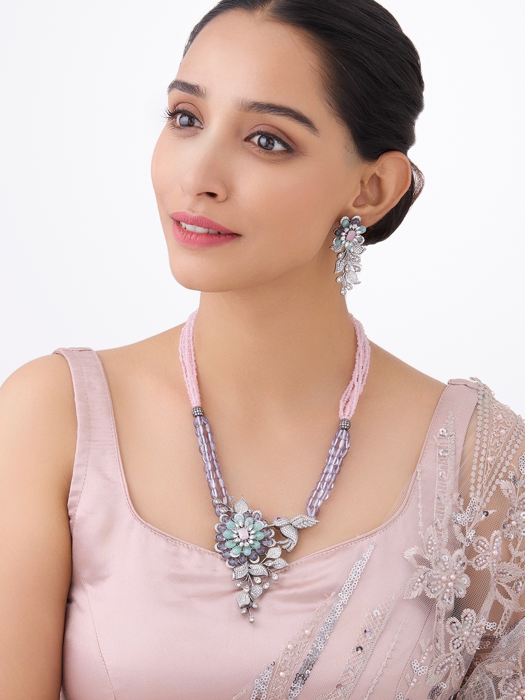 

Kushal's Fashion Jewellery Rhodium-plated Stone Studded & Beaded Jewellery Set, Silver
