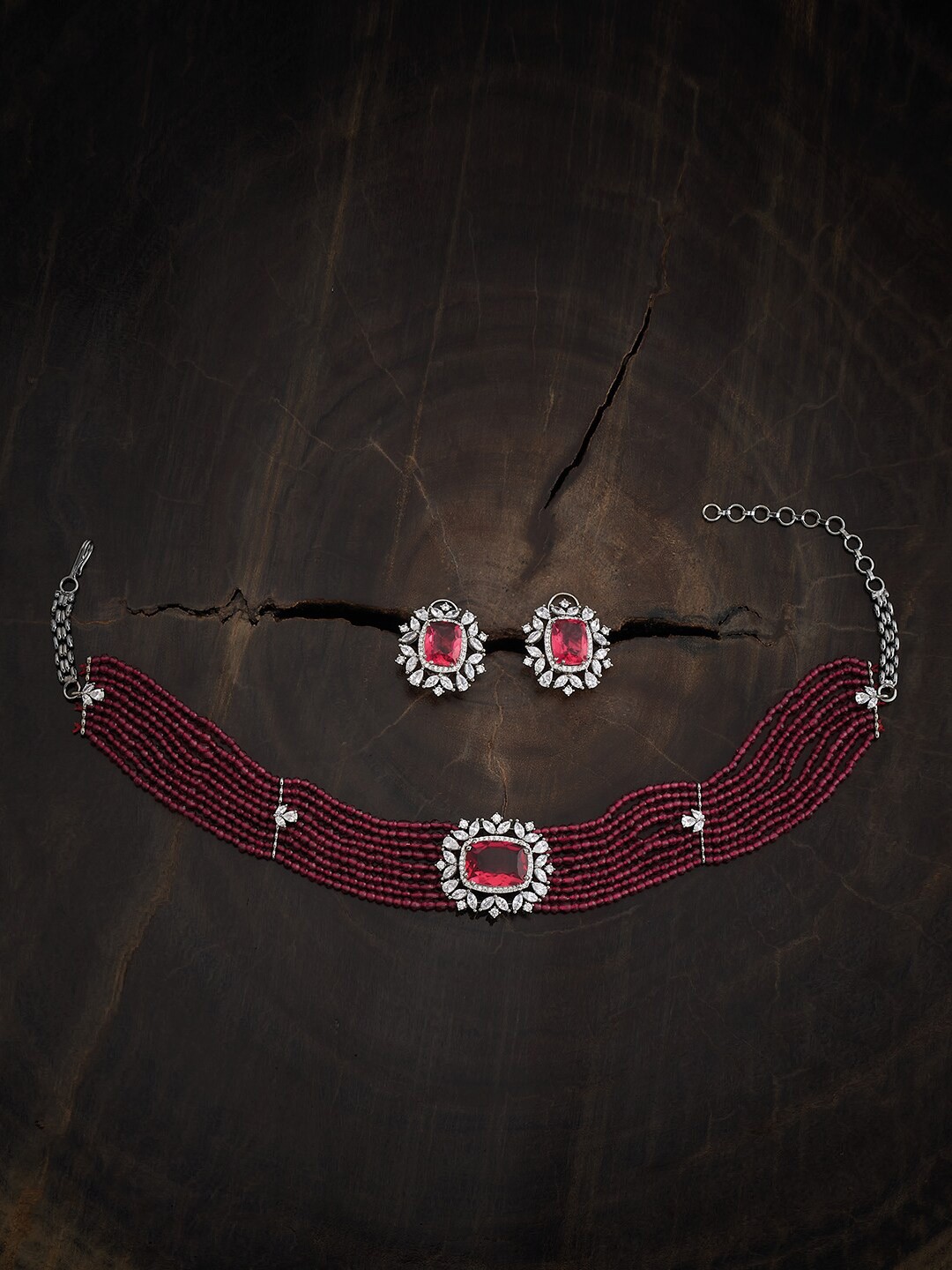 

Kushal's Fashion Jewellery Rhodium-Plated Zircon-Studded & Beaded Jewellery Set, Silver