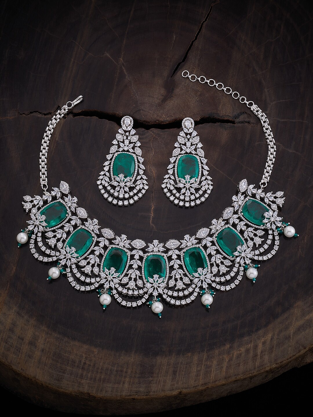 

Kushal's Fashion Jewellery Rhodium Plated Zircon-Studded Jewellery Set, Silver