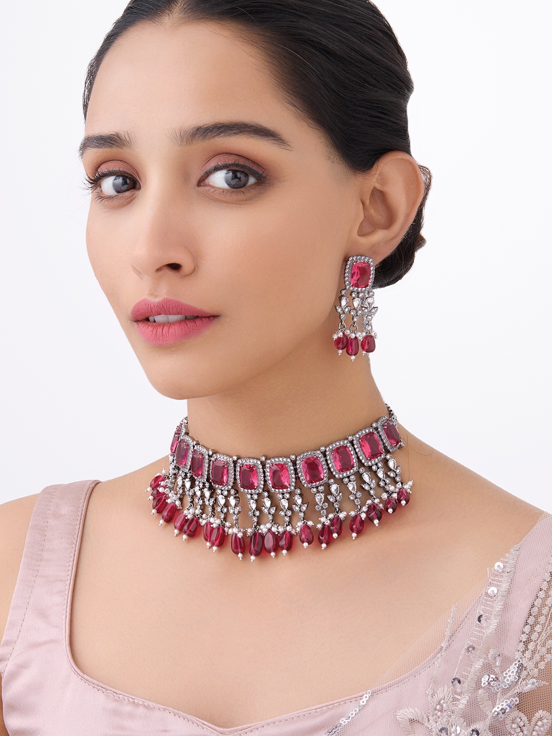 

Kushal's Fashion Jewellery Rhodium-Plated Cubic Zirconia Stone Studded Jewellery Set, Silver