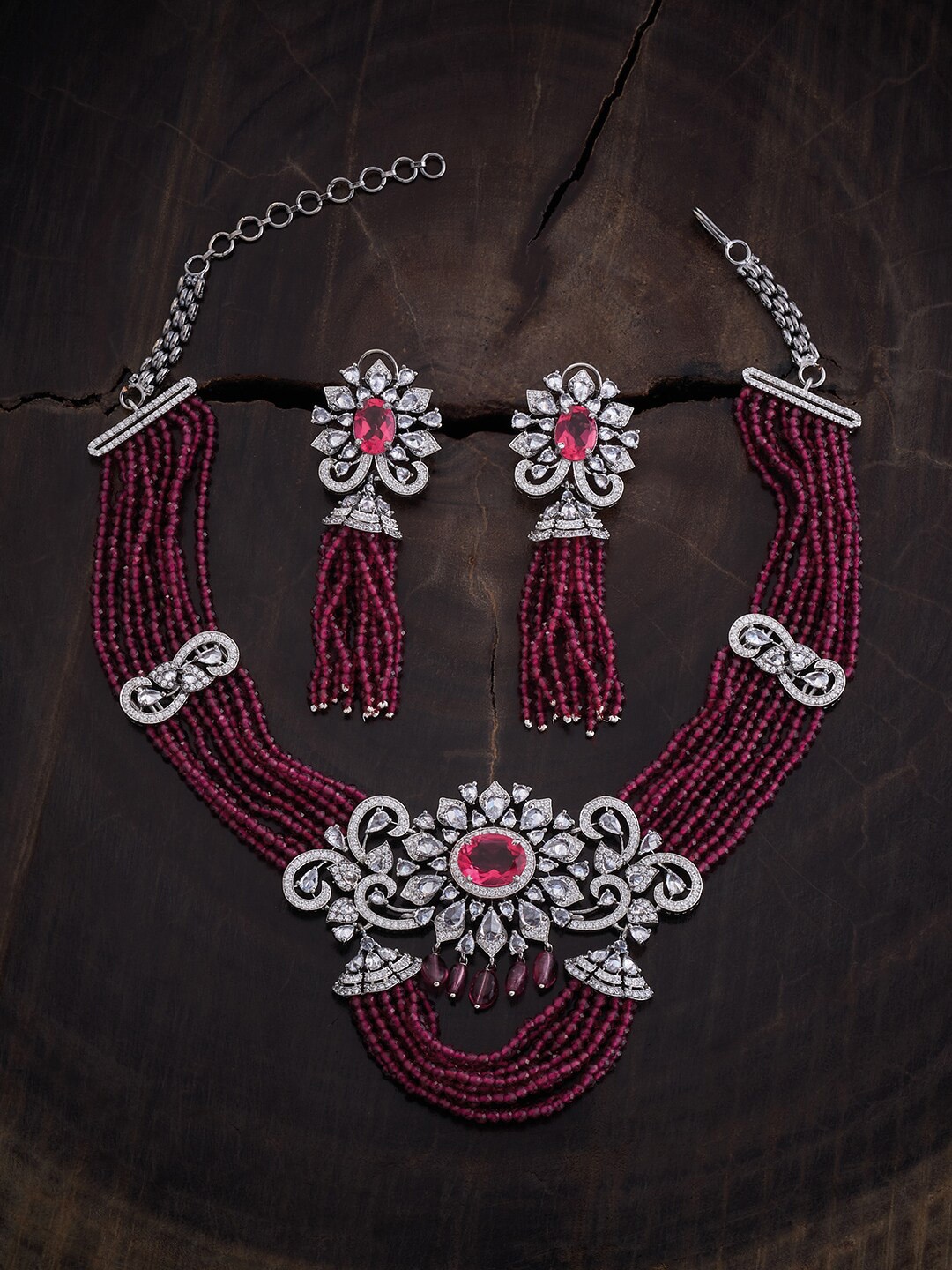 

Kushal's Fashion Jewellery Rhodium Plated CZ Studded Jewellery Set, Silver