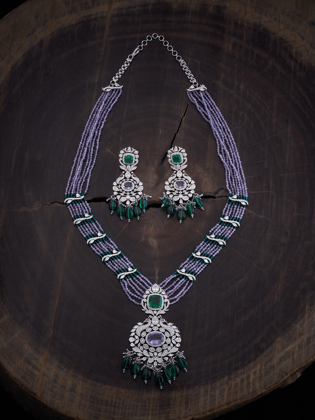 

Kushal's Fashion Jewellery Rhodium-Plated Zircon-Studded & Beaded Jewellery Set, Silver
