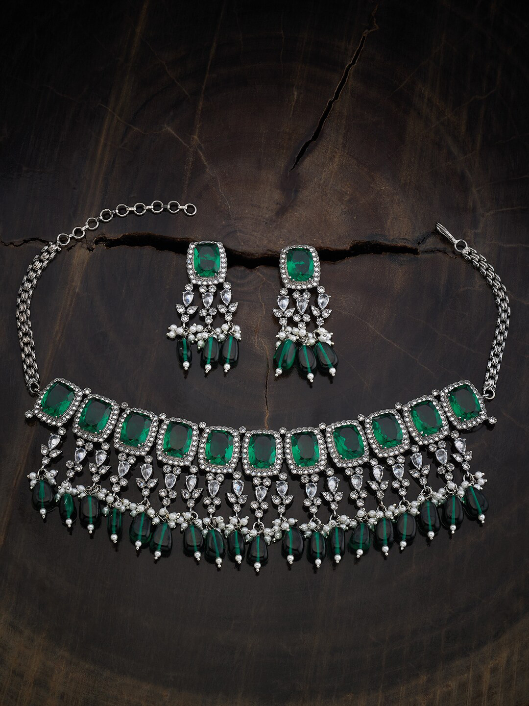 

Kushal's Fashion Jewellery Rhodium Plated Cubic Zirconia Studded Necklace & Earrings, Silver