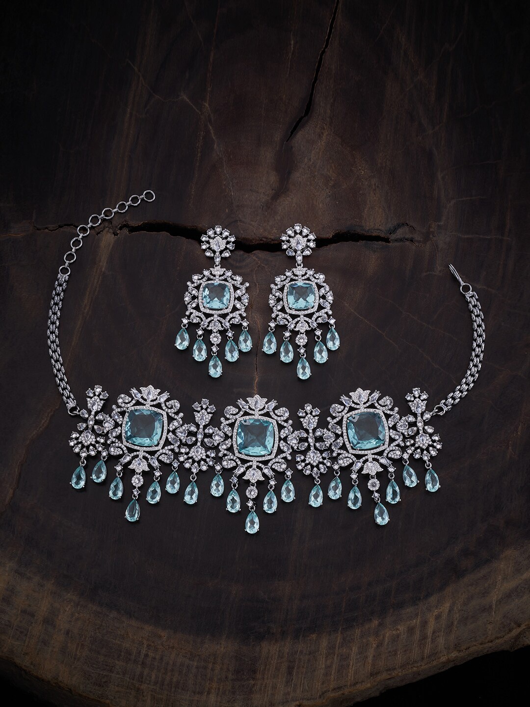 

Kushal's Fashion Jewellery Rhodium-Plated Cubic Zirconia Stone Studded Jewellery Set, Silver