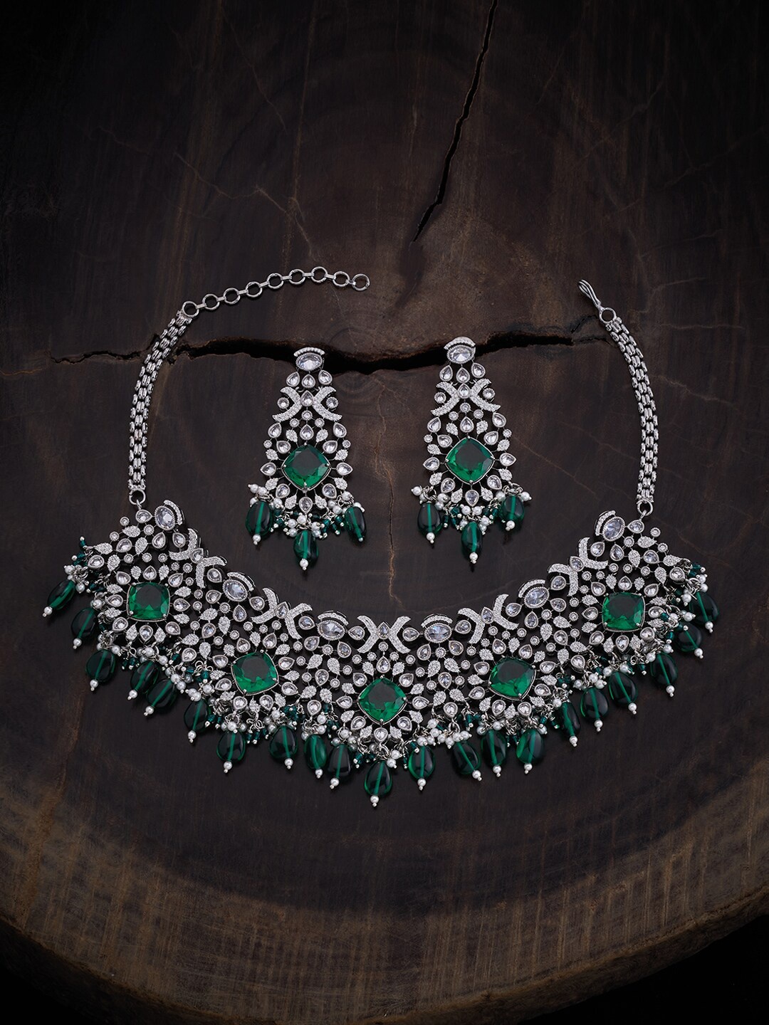 

Kushal's Fashion Jewellery Rhodium Plated CZ Studded Jewellery Set, Silver