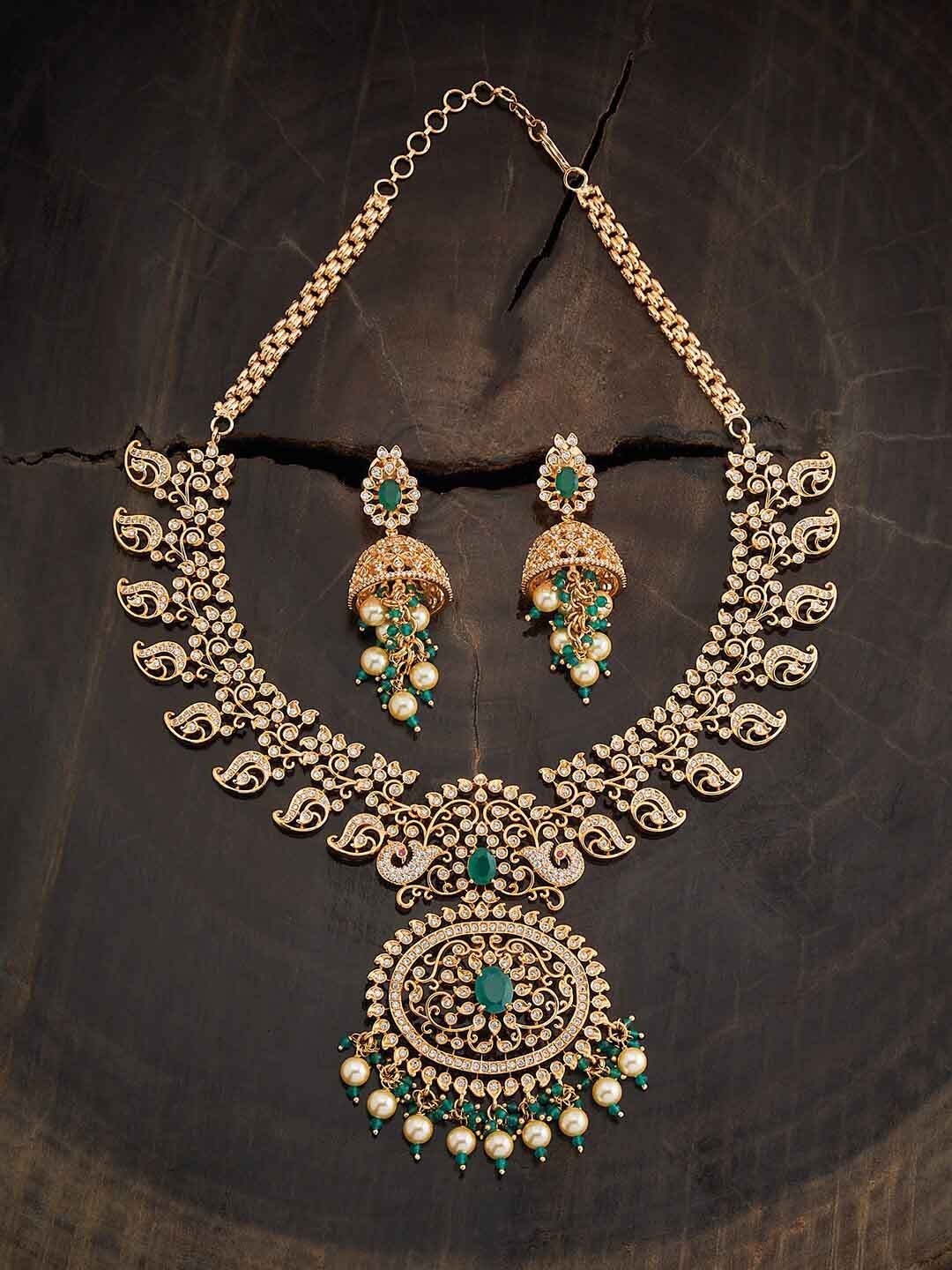 

Kushal's Fashion Jewellery Gold-Plated CZ-Studded & Beaded Necklace & Earrings