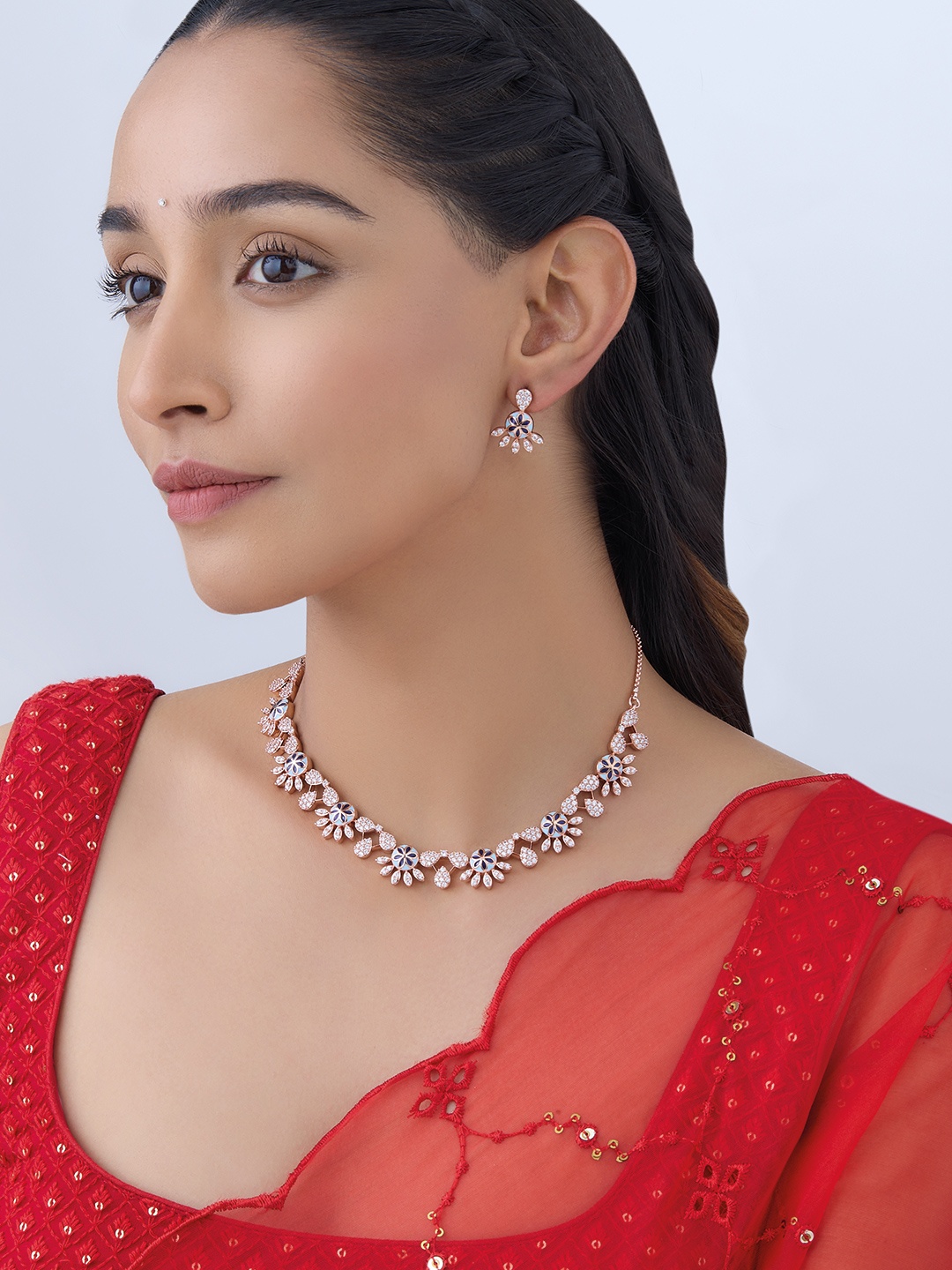 

Kushal's Fashion Jewellery Rose Gold-Plated CZ-Studded Necklace & Earrings