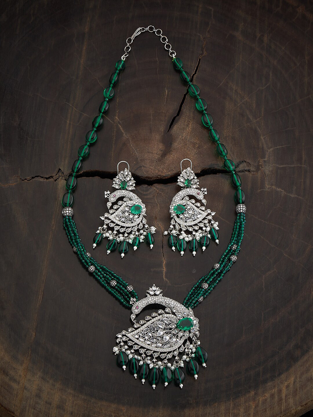 

Kushal's Fashion Jewellery Rhodium Plated Cubic Zirconia Studded Necklace & Earrings, Silver