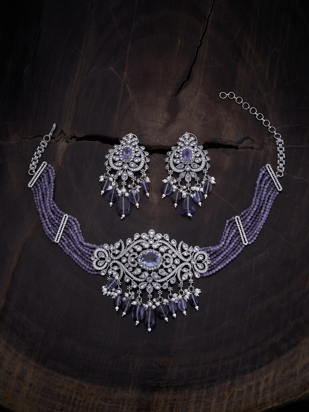 

Kushal's Fashion Jewellery Rhodium-Plated Zircon-Studded & Beaded Jewellery Set, Silver