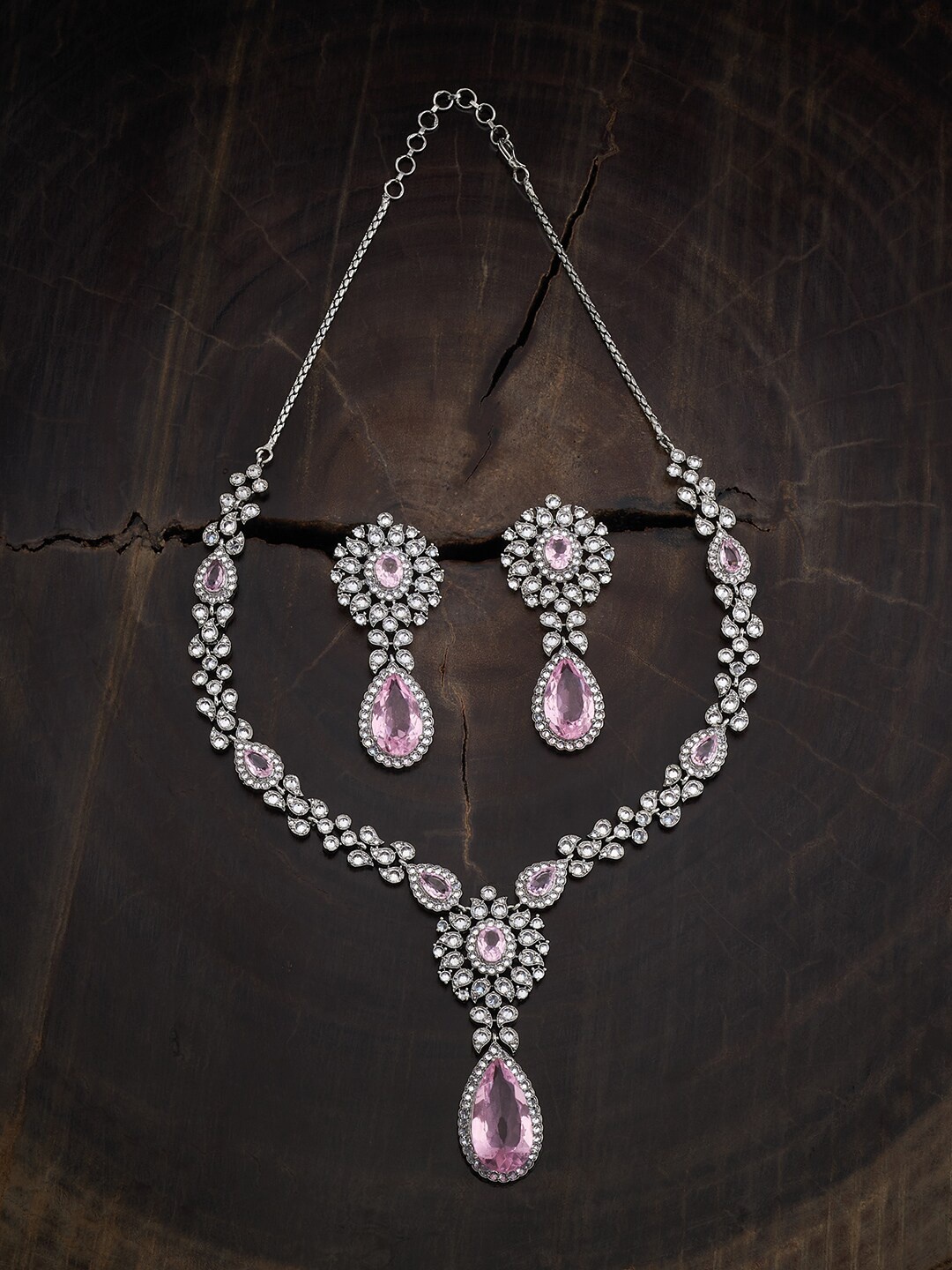 

Kushal's Fashion Jewellery Rhodium Plated Cubic Zirconia Studded Jewellery Set, Pink