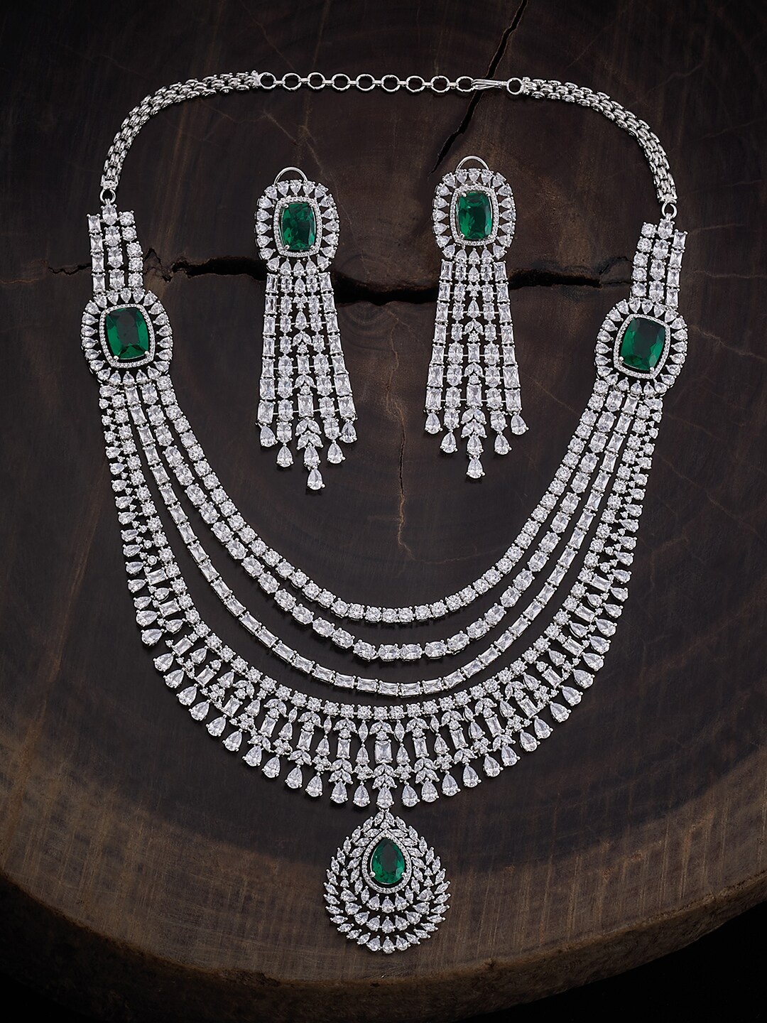 

Kushal's Fashion Jewellery Rhodium Plated CZ Studded Jewellery Set, Silver