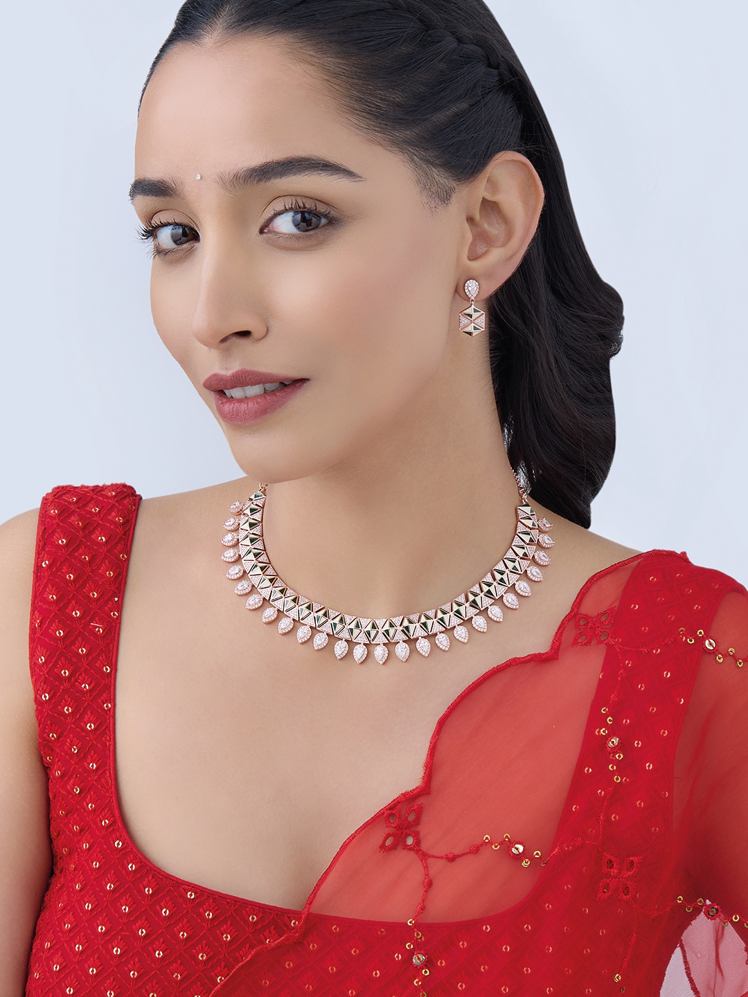 

Kushal's Fashion Jewellery Rose Gold-Plated Cubic Zirconia Studded Necklace & Earrings