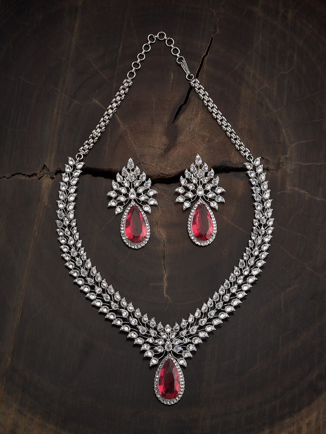 

Kushal's Fashion Jewellery Rhodium Plated Zircon-Studded Jewellery Set, Silver