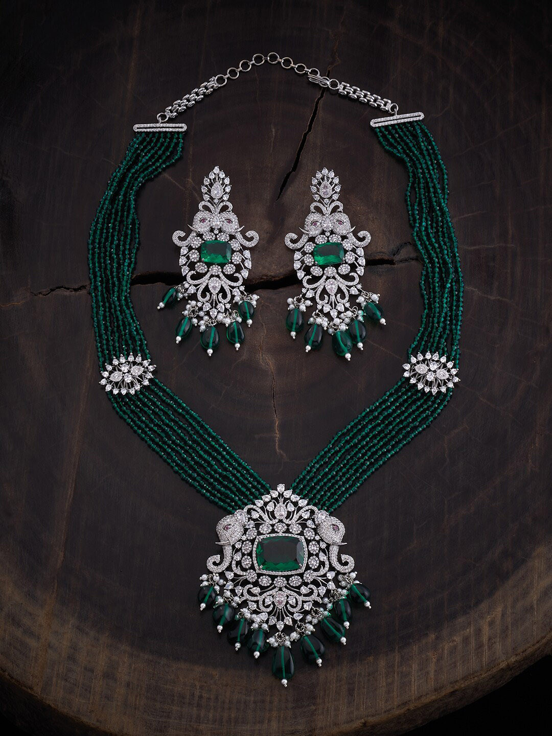 

Kushal's Fashion Jewellery Rhodium Plated CZ Studded & Beaded Jewellery Set, Silver