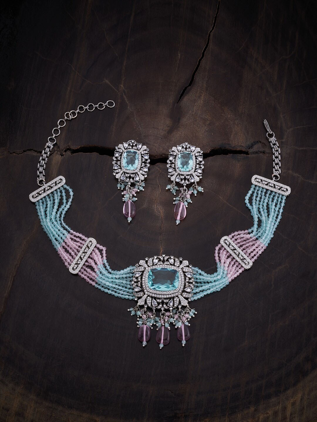 

Kushal's Fashion Jewellery Rhodium Plated Cubic Zirconia Studded & Beaded Jewellery Set, Silver