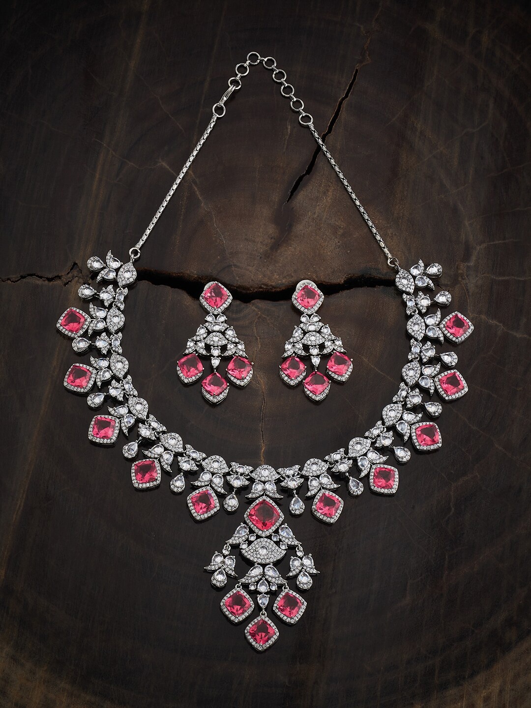 

Kushal's Fashion Jewellery Rhodium Plated CZ Studded Jewellery Set, Silver