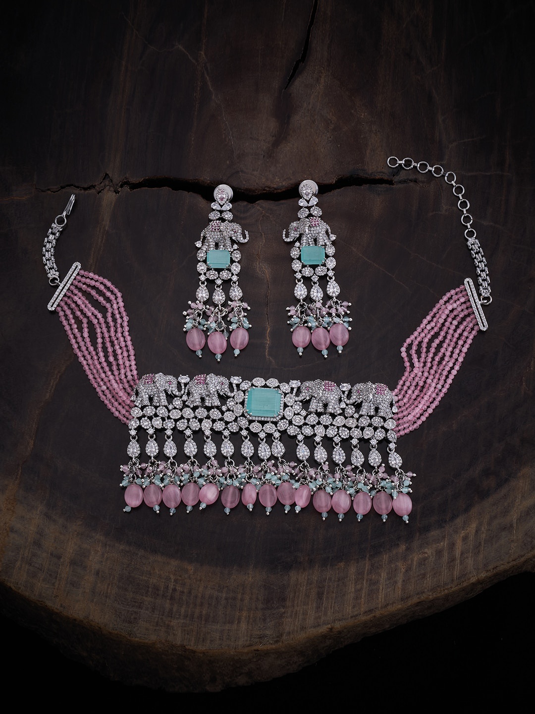 

Kushal's Fashion Jewellery Rhodium Plated CZ Studded & Beaded Jewellery Set, Silver