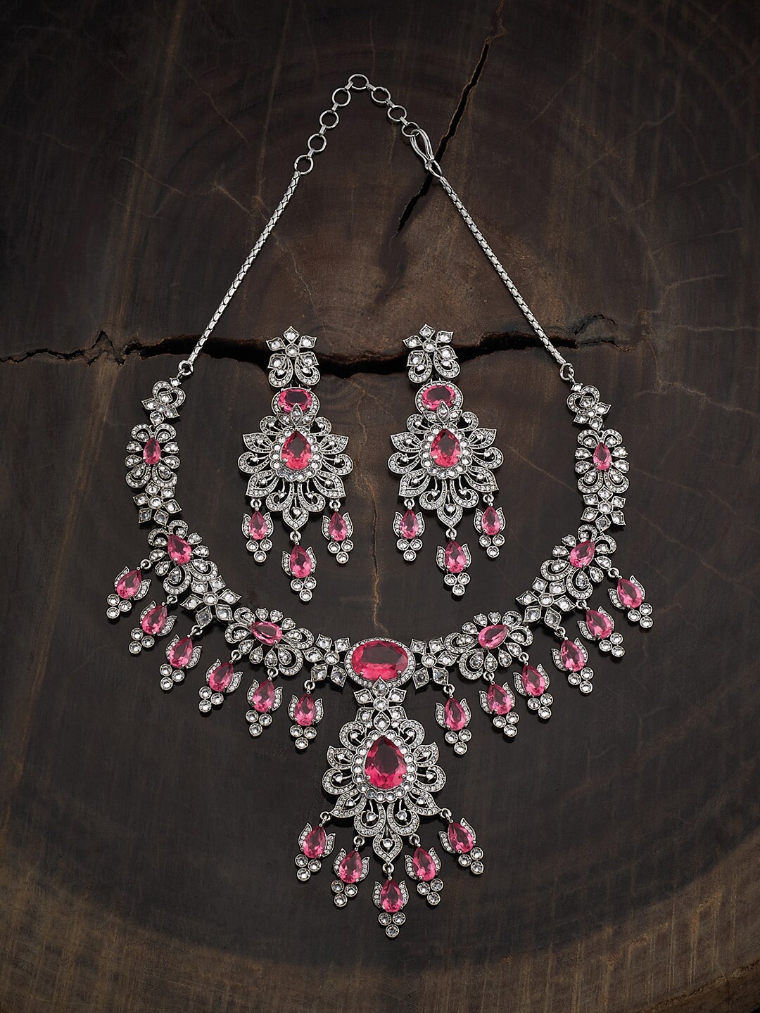 

Kushal's Fashion Jewellery Rhodium Plated Cubic Zirconia Studded Jewellery Set, Silver