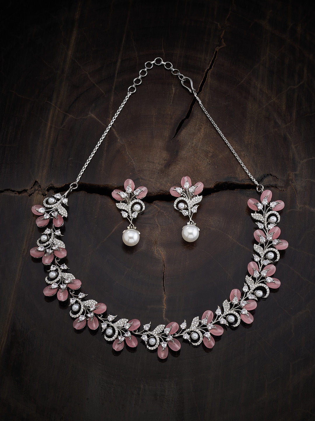 

Kushal's Fashion Jewellery Rhodium-Plated Zircon-Studded & Beaded Jewellery Set, Silver