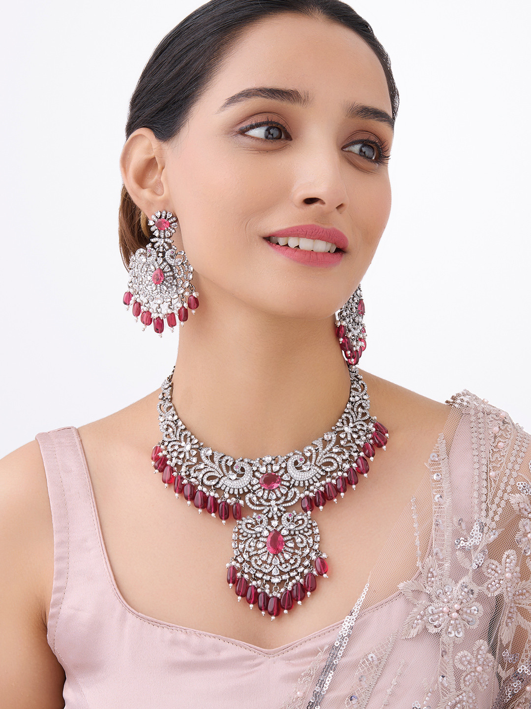 

Kushal's Fashion Jewellery Rhodium Plated CZ Studded & Beaded Jewellery Set, Silver