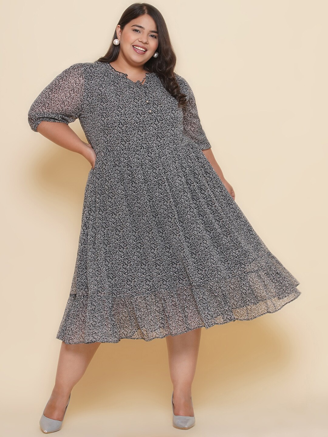

Kiaahvi by JOHN PRIDE Plus Size Print Puff Sleeve Fit & Flare Midi Dress, Grey