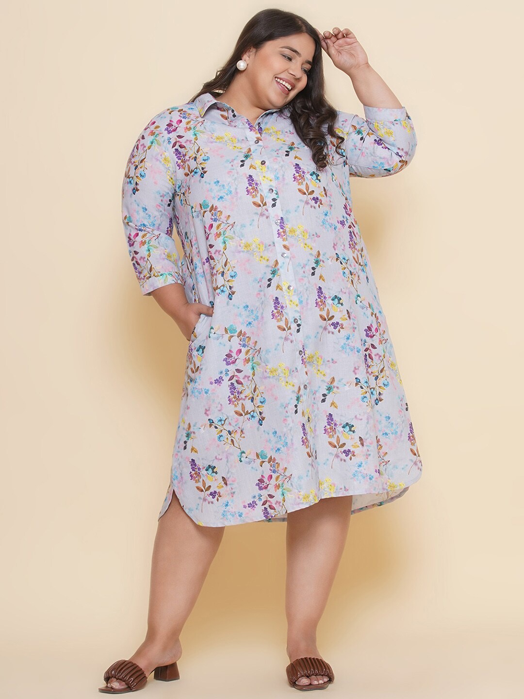 

Kiaahvi by JOHN PRIDE Plus Size Floral Print Chiffon A-Line Dress, Grey