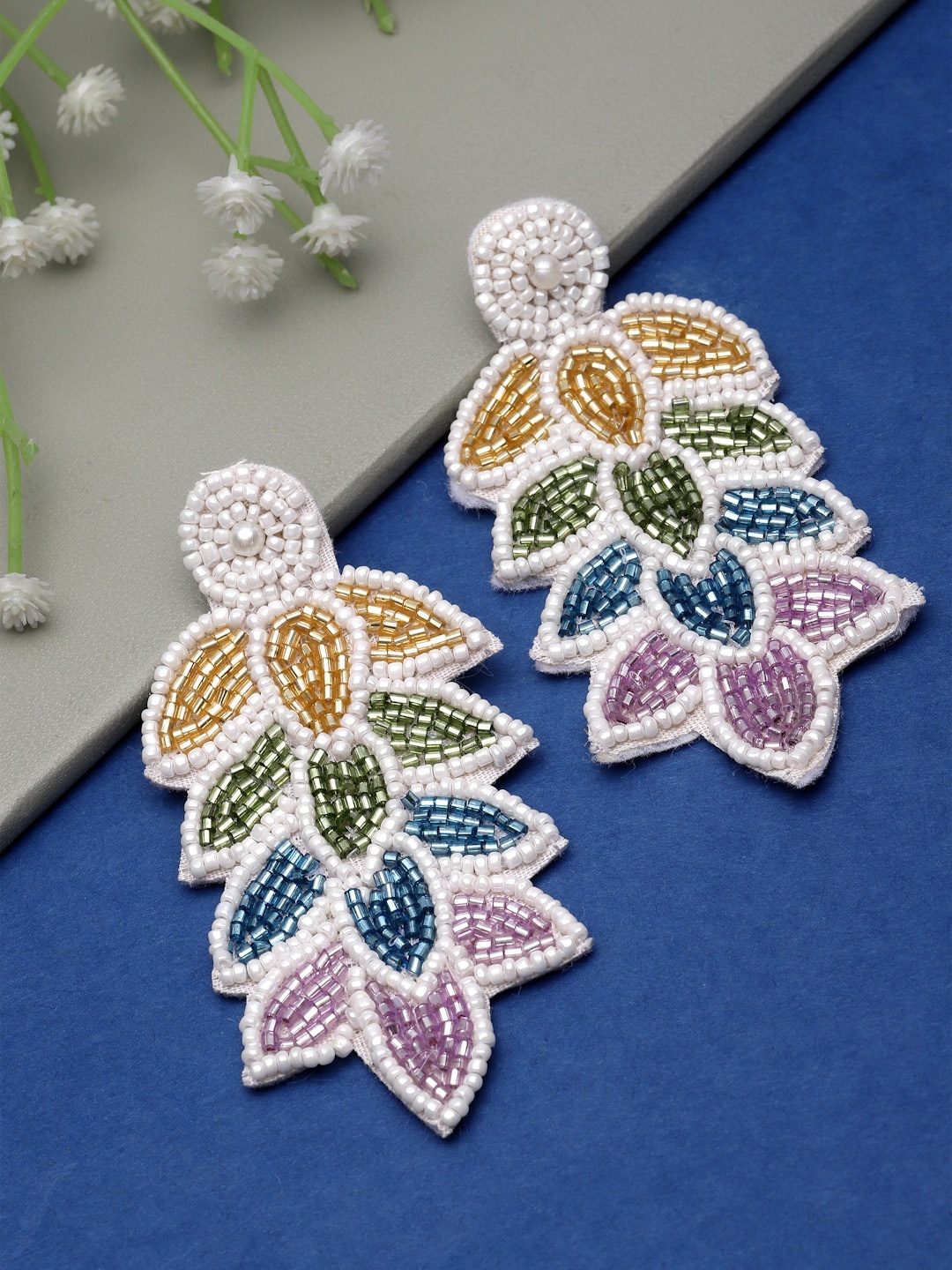 

Anekaant Beaded Leaf Shaped Drop Earrings, White