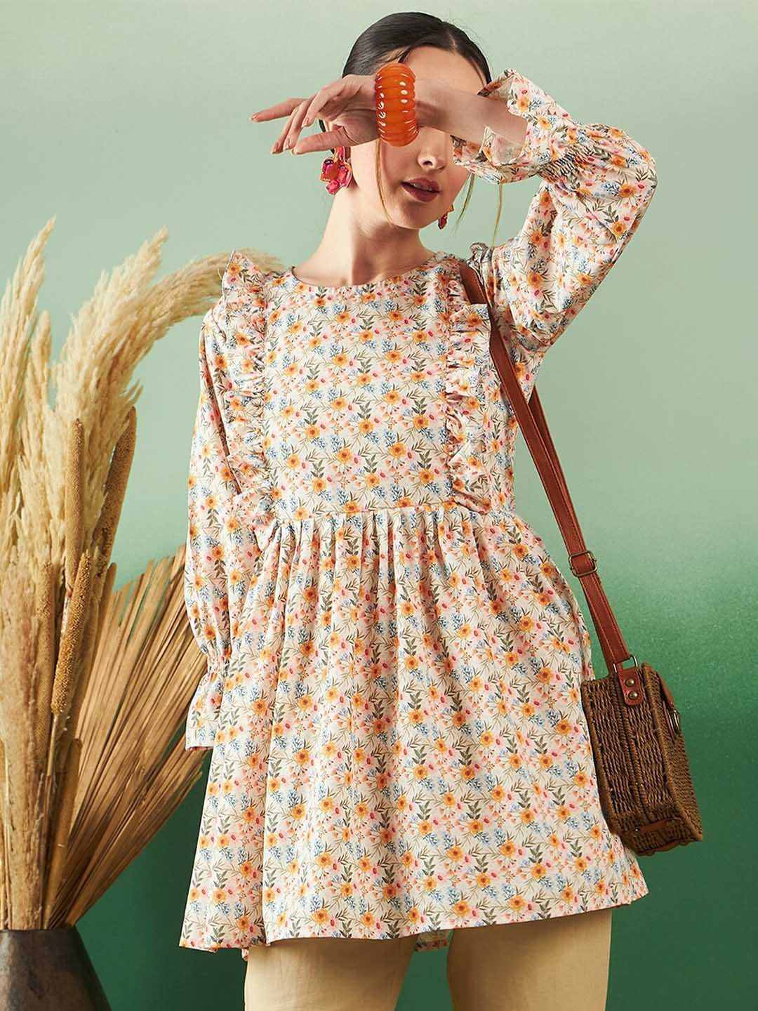 

Sangria Floral Printed Round Neck Ethnic Tops, White