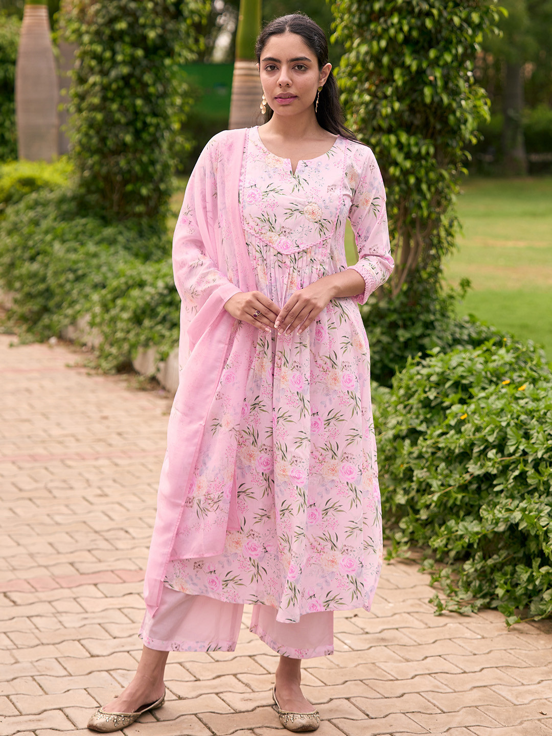 

Libas Floral Printed Pleated A-Line Kurta With Palazzos & Dupatta, Pink