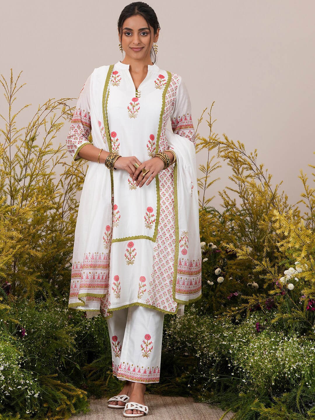 

Libas White Floral Printed Chanderi Silk Straight Kurta With Trousers & Dupatta