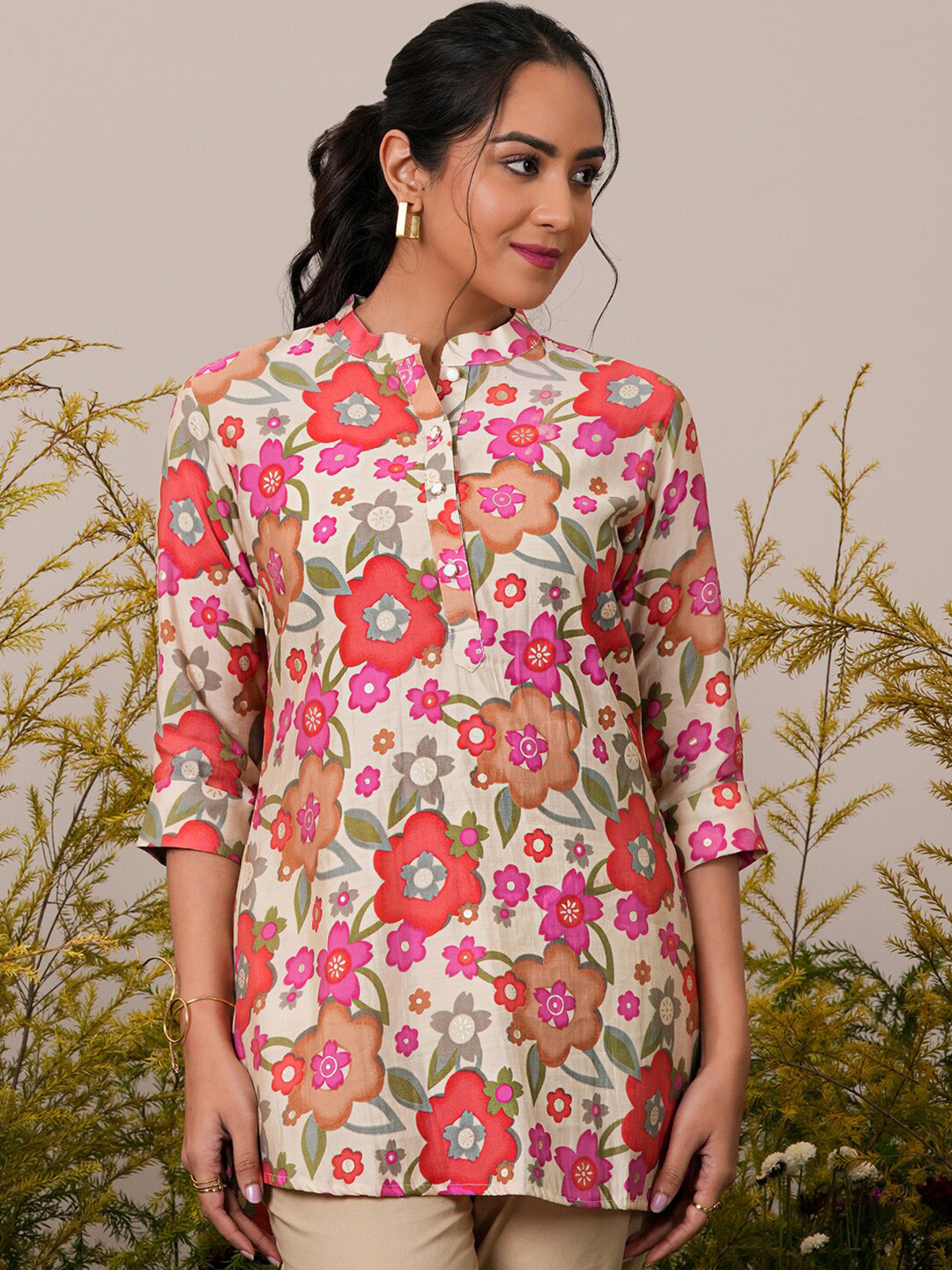 

Libas Floral Printed Mandarin Collar A-Line Kurti, Cream