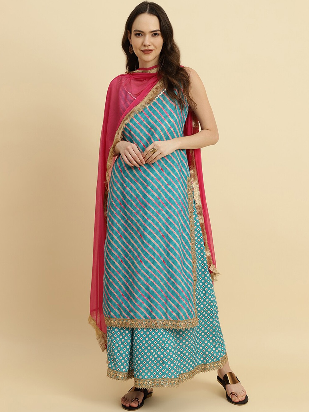 

KALINI Leheriya Dyed Mirror Work Kurta With Palazzos & Dupatta, Turquoise blue